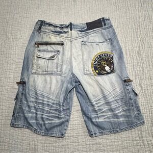 8732 EMBROIDERED Y2K‎ 90s JEAN SHORTS Young Jeezy HIP HOP SKULL BAGGY 42 x 15.5